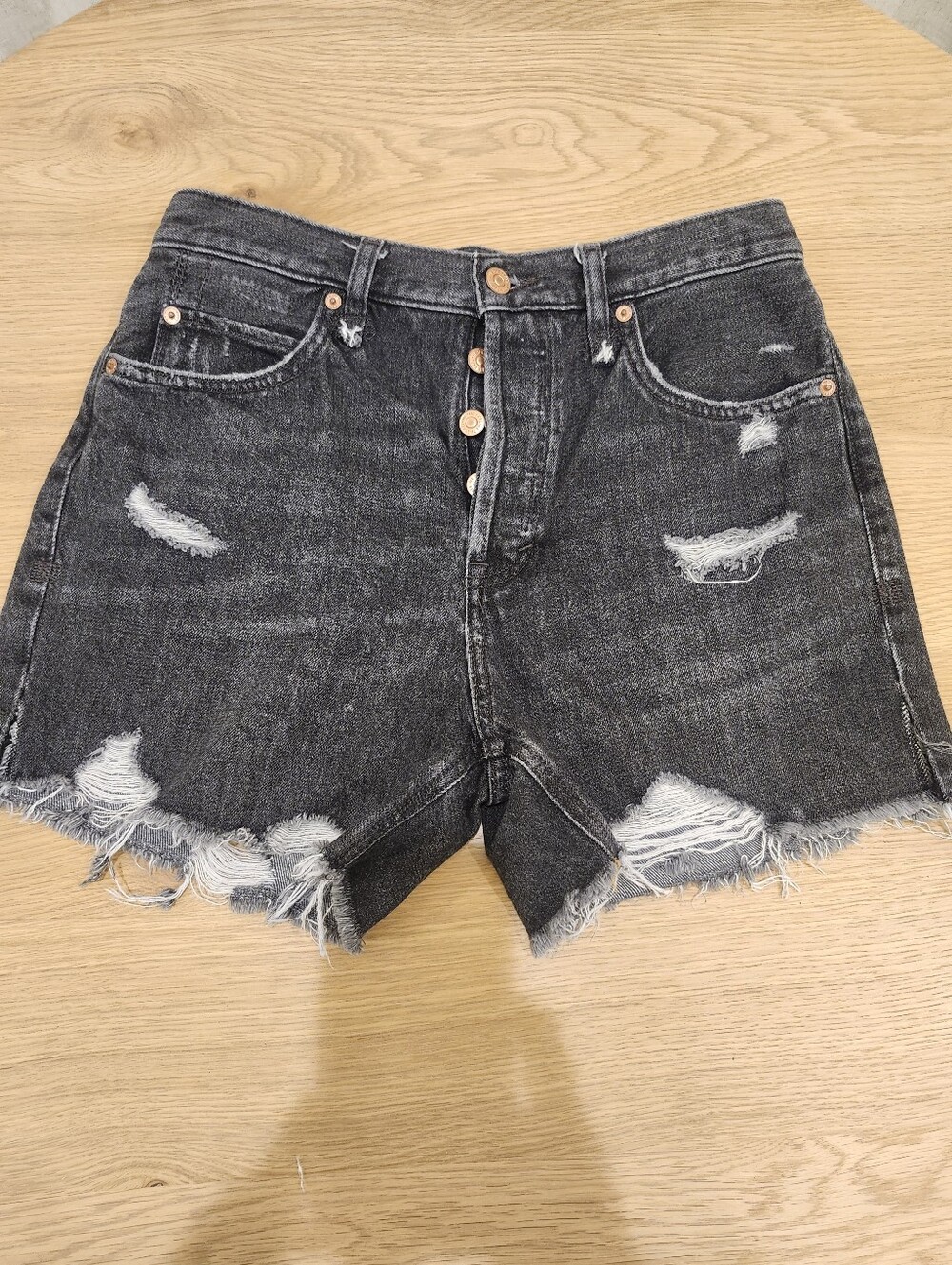 Free People Makai Cut Off High-Rise Distressed Black Denim Shorts Size 27
